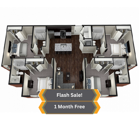 A 3D image of the Thayne II floorplan, a 1422 squarefoot, 4 bed / 4 bath unit