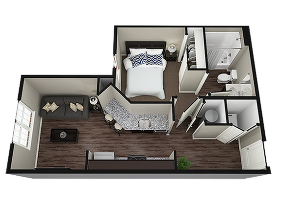 A 3D image of the 1BR/1BA – Kingston floorplan, a 496 squarefoot, 1 bed / 1 bath unit