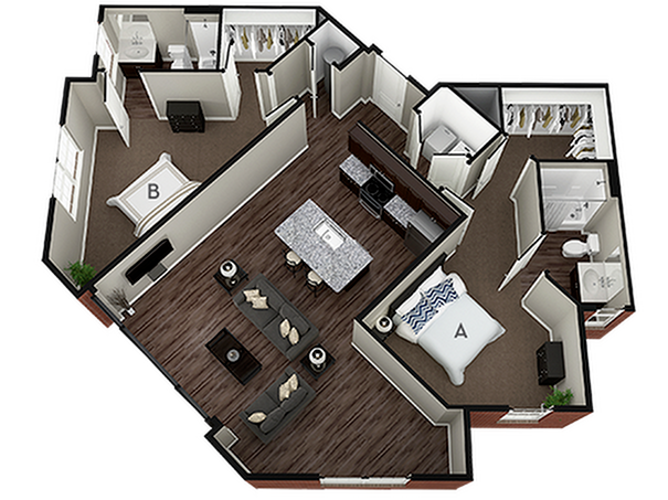 A 3D image of the 2BR/2BA – Bradford floorplan, a 1192 squarefoot, 2 bed / 2 bath unit