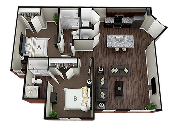 A 3D image of the 2BR/2BA – Hampshire floorplan, a 998 squarefoot, 2 bed / 2 bath unit