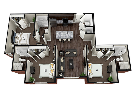 A 3D image of the 3BR/3BA – Sterling floorplan, a 1169 squarefoot, 3 bed / 3 bath unit