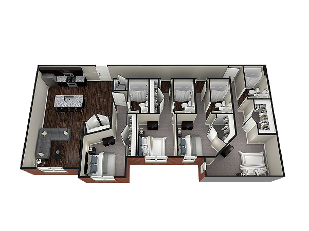 A 3D image of the 4BR/4BA – Cambridge floorplan, a 1685 squarefoot, 4 bed / 4 bath unit