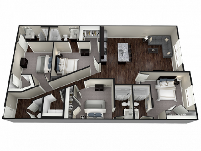 A 3D image of the 4BR/4BA – Oxford floorplan, a 1726 squarefoot, 4 bed / 4 bath unit