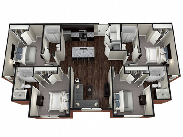 A 3D image of the 4BR/4BA – Thayne II floorplan, a 1422 squarefoot, 4 bed / 4 bath unit