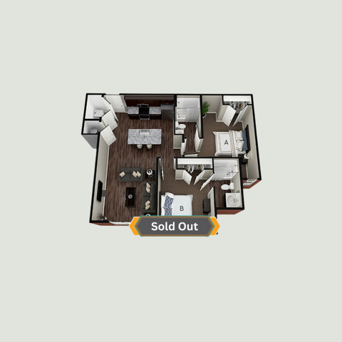 A 3D image of the 2BR/2BA – Hazelton III floorplan, a 934 squarefoot, 2 bed / 2 bath unit