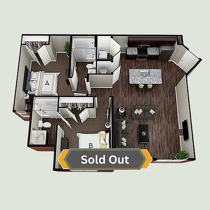 A 3D image of the 2BR/2BA – Hampshire floorplan, a 998 squarefoot, 2 bed / 2 bath unit