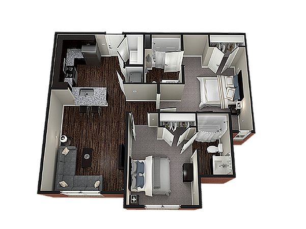 A 3D image of the 2BR/2BA – Hazelton II floorplan, a 905 squarefoot, 2 bed / 2 bath unit