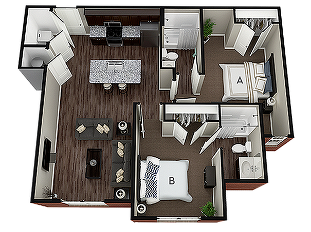 A 3D image of the 2BR/2BA – Hazelton III floorplan, a 934 squarefoot, 2 bed / 2 bath unit