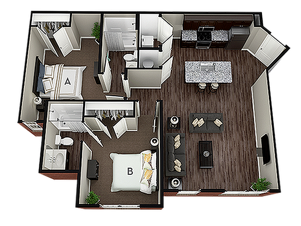 A 3D image of the 2BR/2BA – Hampshire floorplan, a 998 squarefoot, 2 bed / 2 bath unit