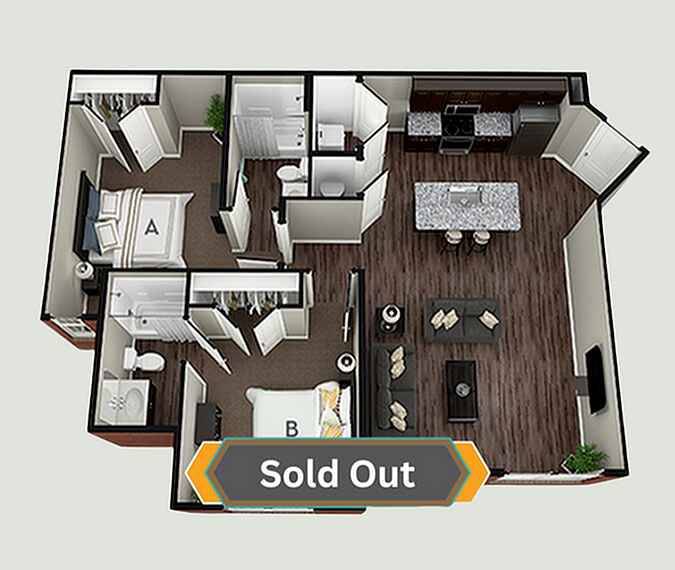 A 3D image of the 2BR/2BA – Hampshire floorplan, a 998 squarefoot, 2 bed / 2 bath unit