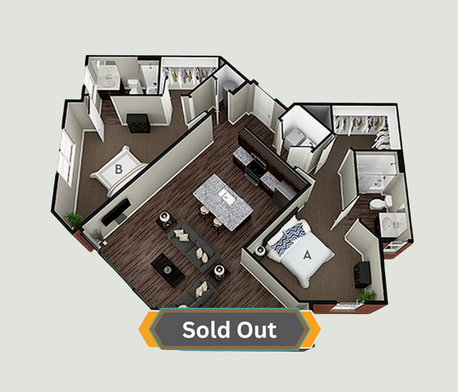 A 3D image of the 2BR/2BA – Bradford floorplan, a 1192 squarefoot, 2 bed / 2 bath unit